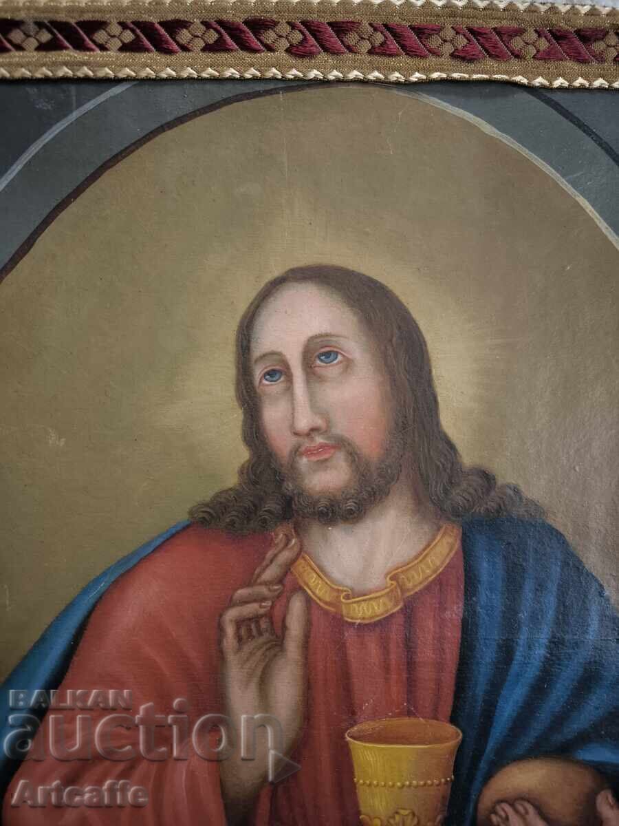 Licitație Tablou religios vechi – Hristos cu potir euharistic, 1874 Licitație Tablou religios vechi – Hristos cu potir euharistic, 1874