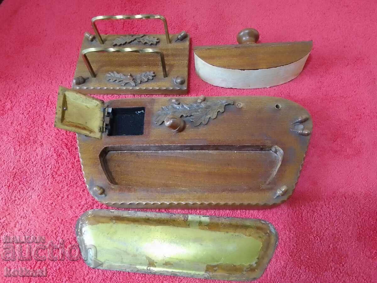 Auction  Old wooden desk set inkwell stamp pen