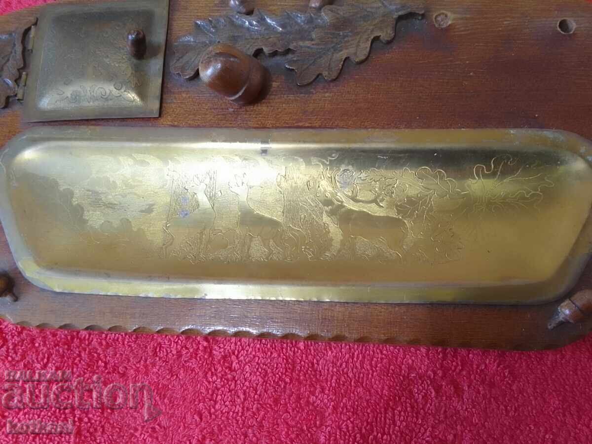 Доставка на Стар дървен комплект за бюро мастилница печат писалка