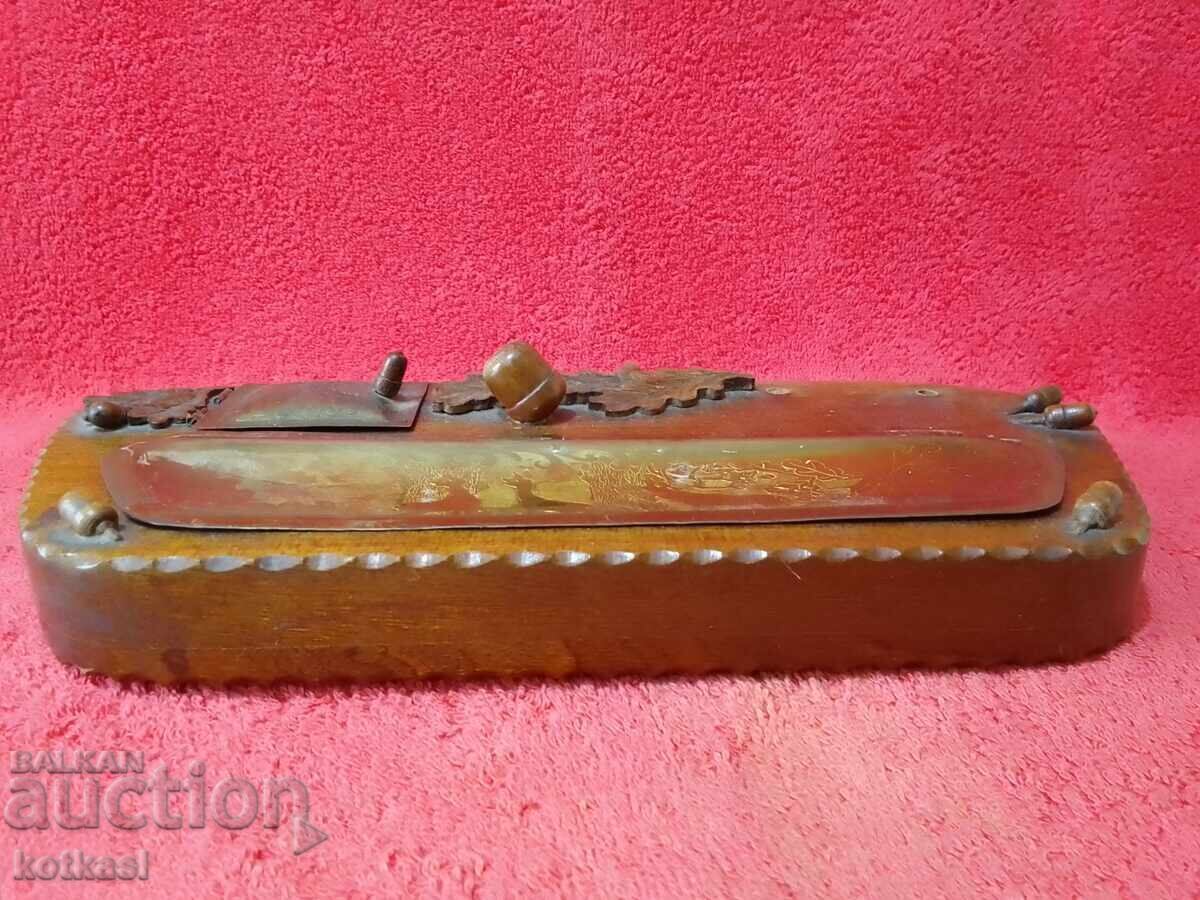 Стар дървен комплект за бюро мастилница печат писалка - 5