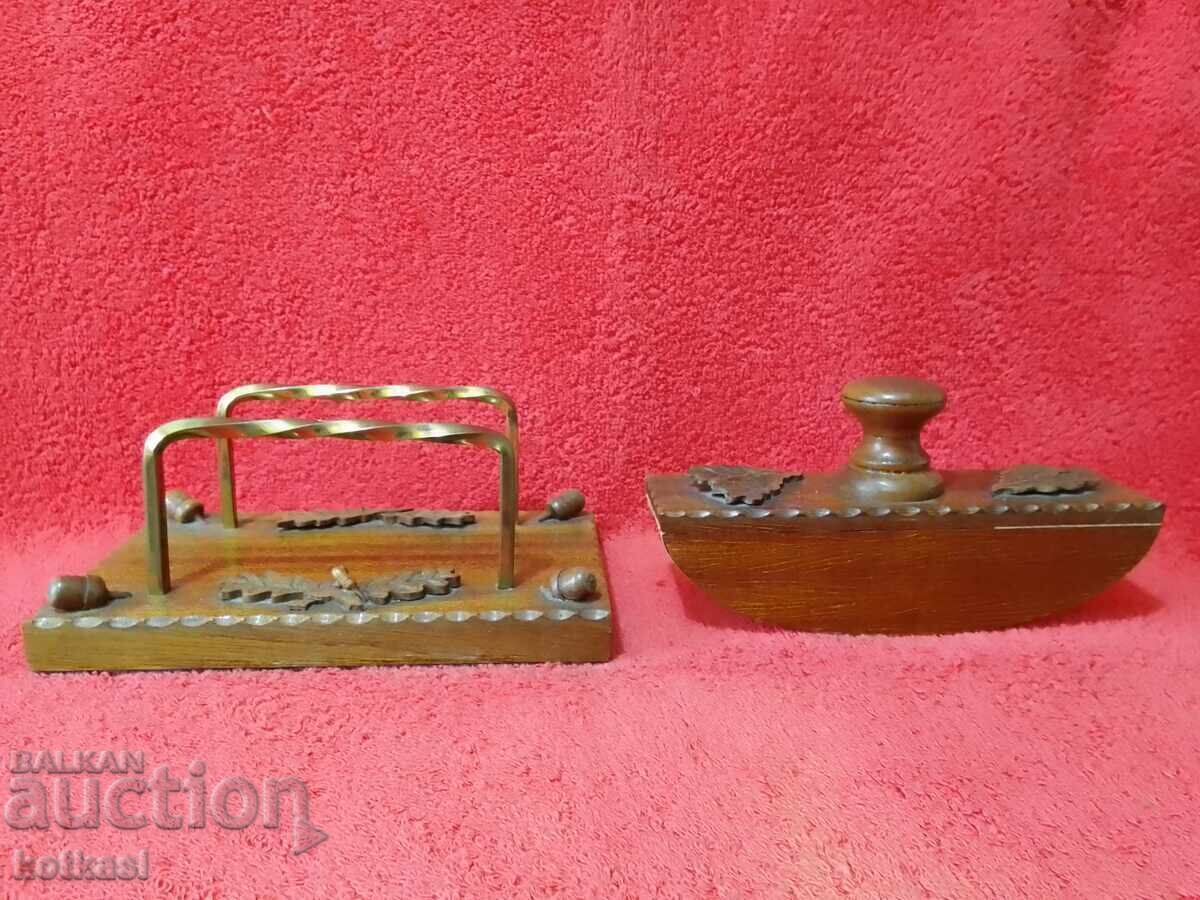 Old wooden desk set inkwell stamp pen - 6