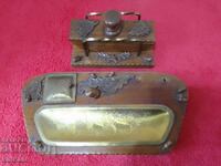 Old wooden desk set inkwell stamp pen