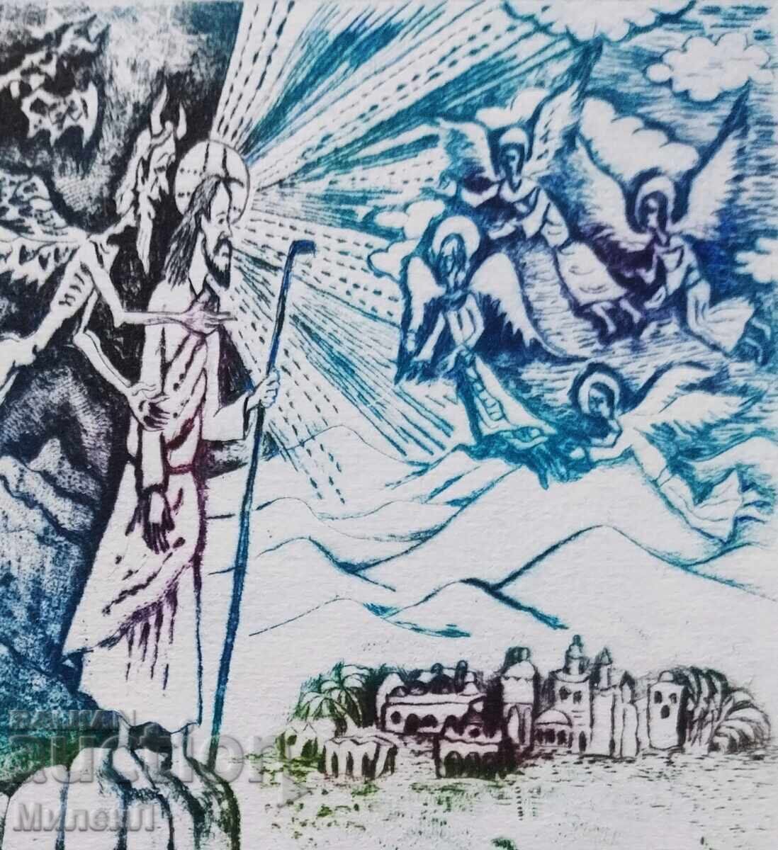 Licitație Gravură religioasă Diavolul ispitește pe Domnul