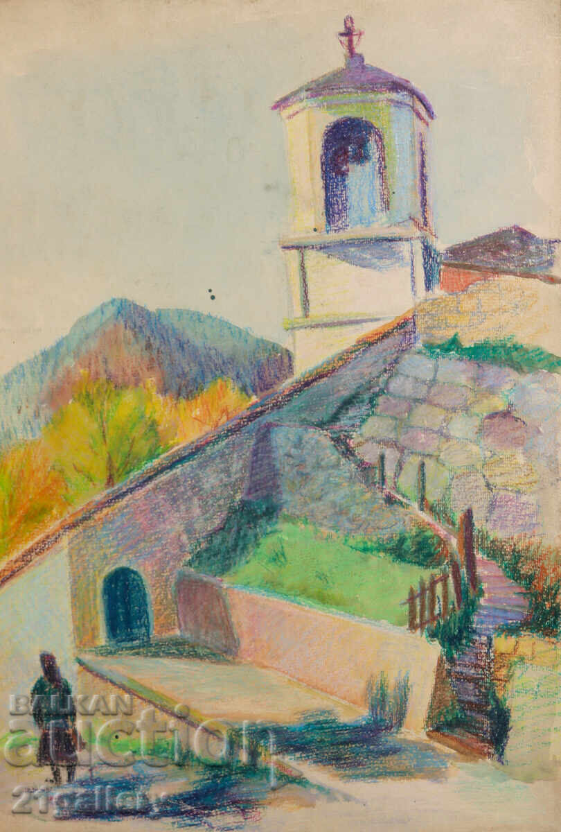 Παλαιό έργο παστέλ αγροτικού τοπίου εκκλησίας με τιμή € 102.26 | 200.00 BGN