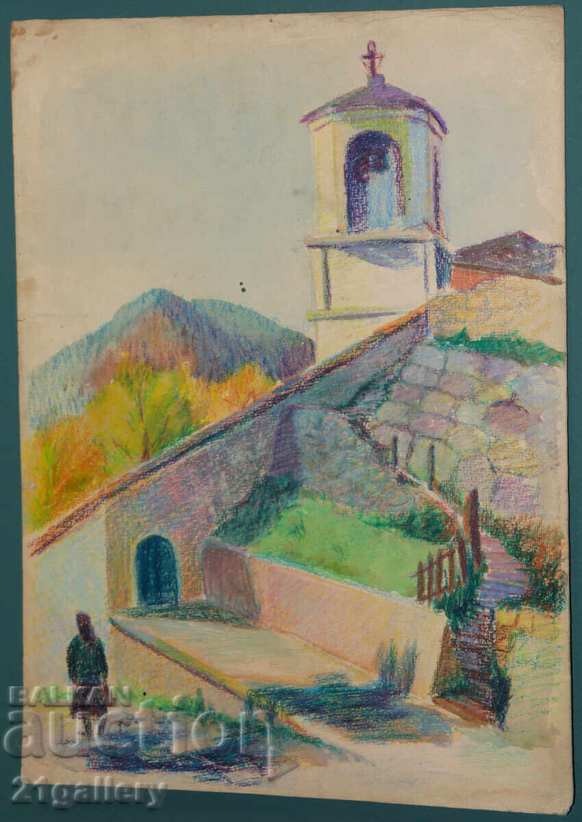 Δημοπρασία Παλαιό έργο παστέλ αγροτικού τοπίου εκκλησίας
