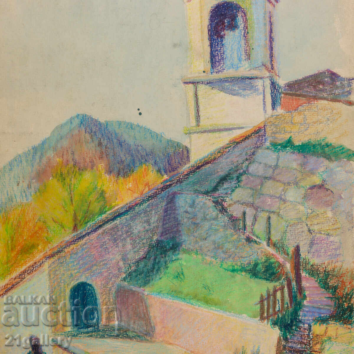 Παλαιό έργο παστέλ αγροτικού τοπίου εκκλησίας - 5