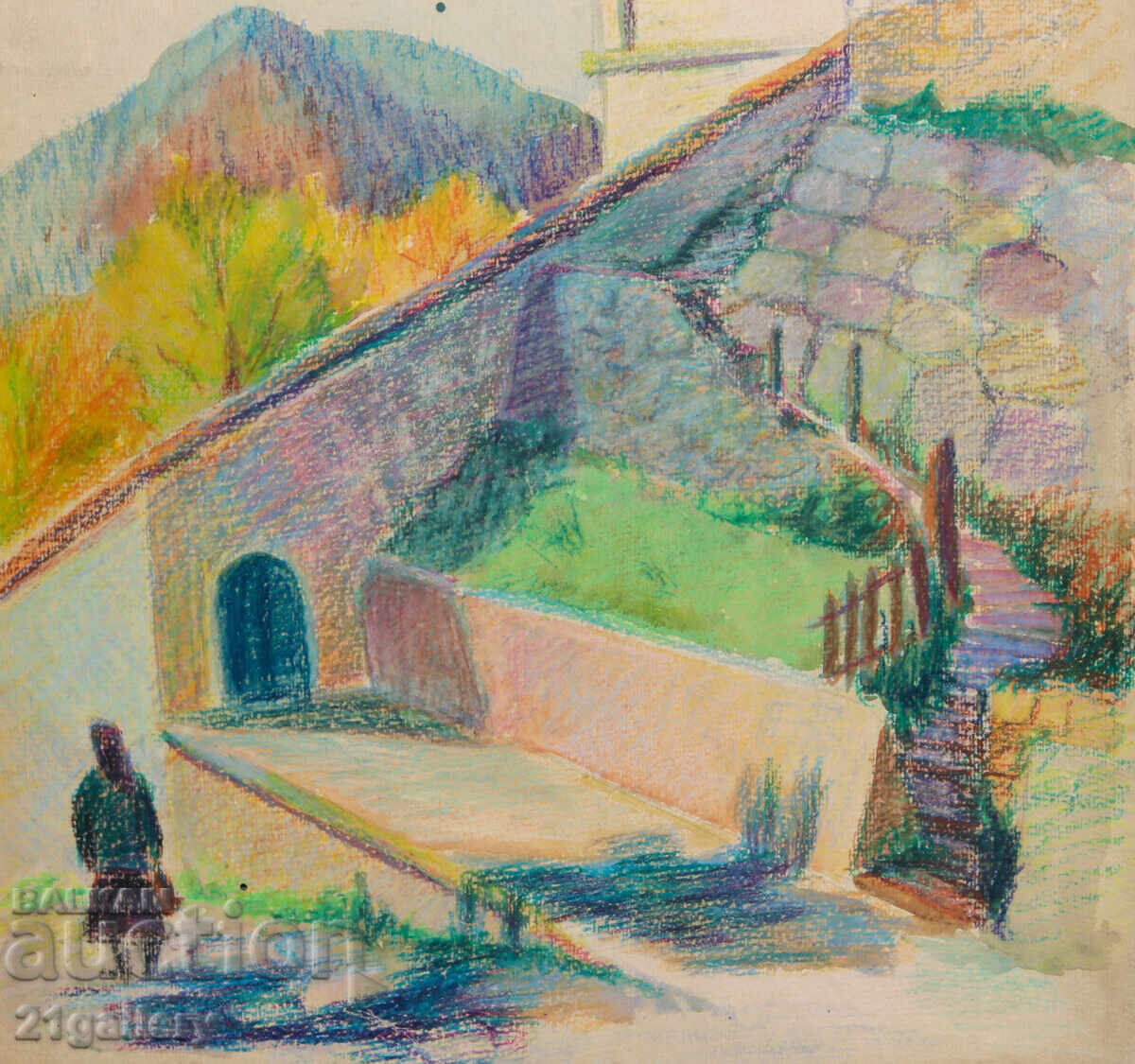 Παλαιό έργο παστέλ αγροτικού τοπίου εκκλησίας - 6