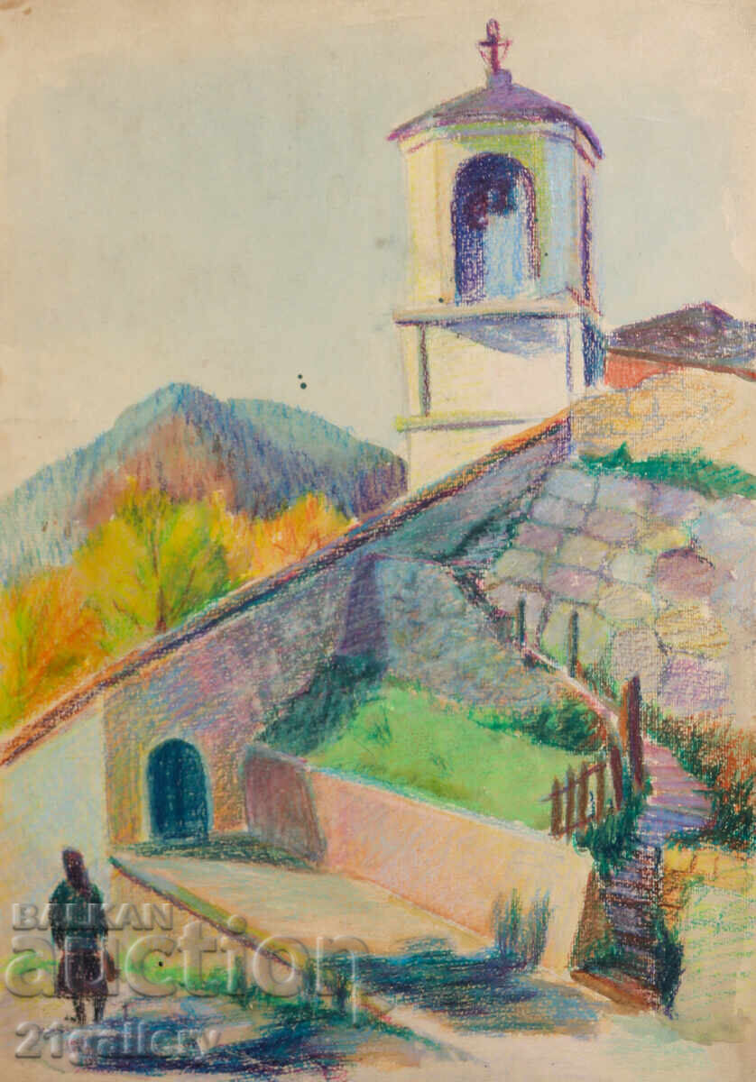 Παλαιό έργο παστέλ αγροτικού τοπίου εκκλησίας