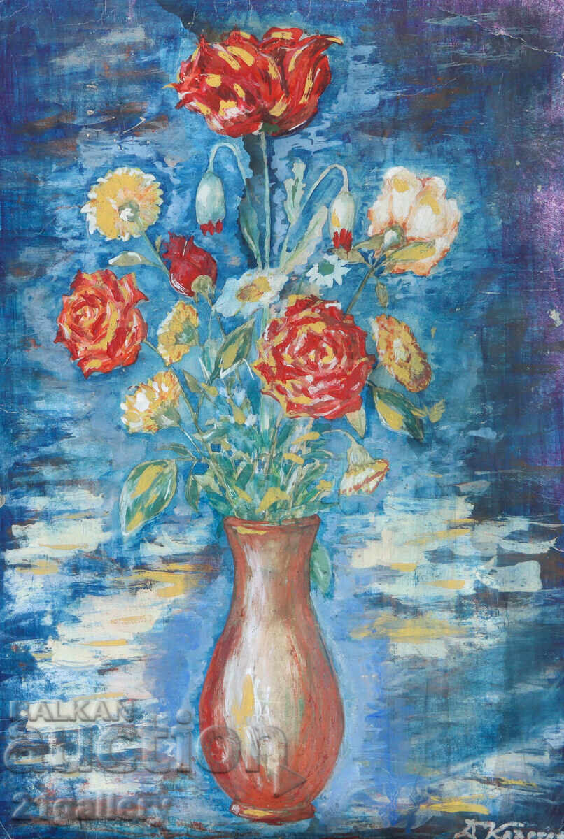 Димитър Кръстев темперни бои натюрморт със цветя Димитър Кръстев темперни бои натюрморт със цветя