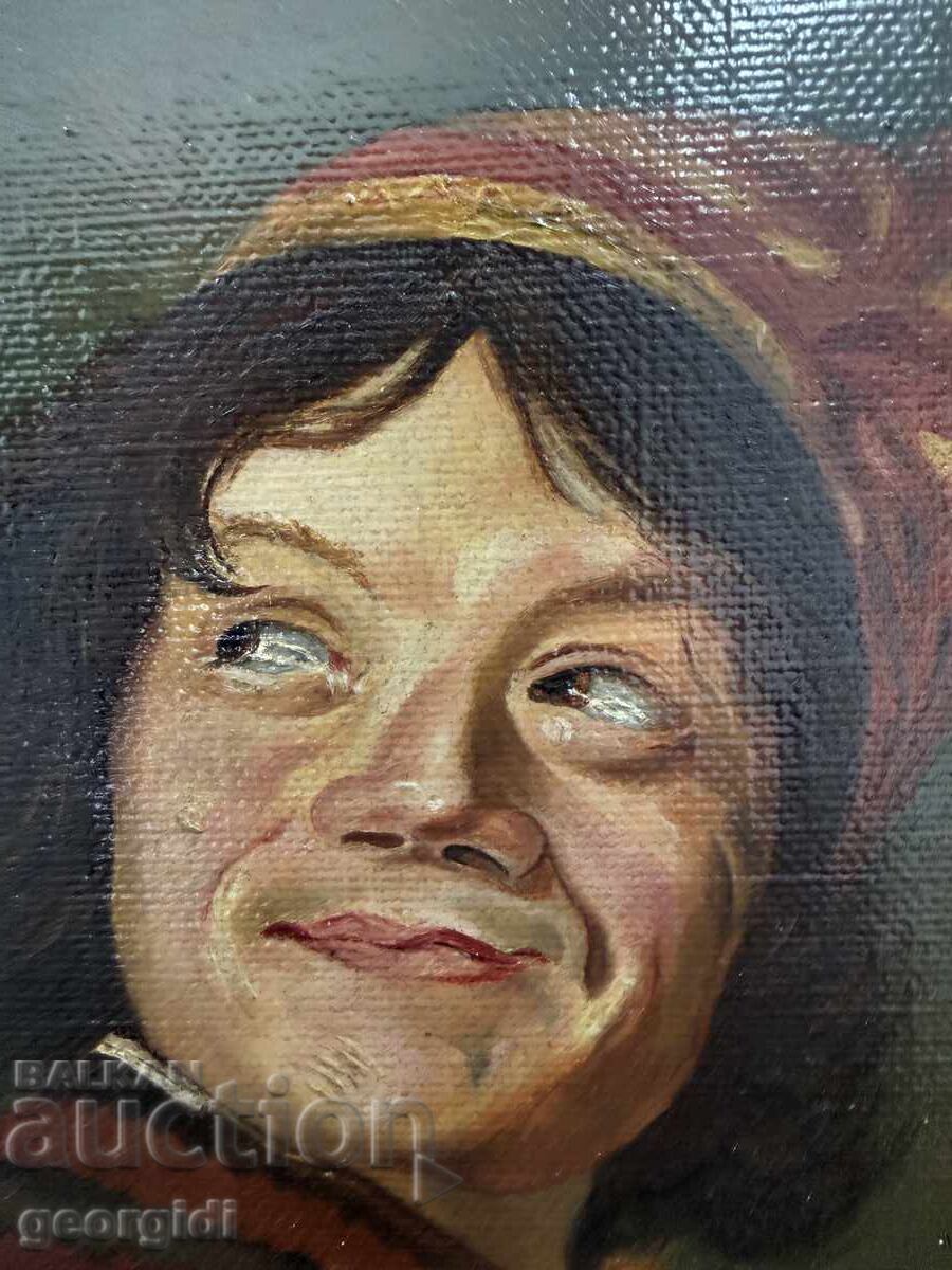 Livrarea Tablou vechi în ulei - "Nebunul cu lăută". №7778 Livrarea Tablou vechi în ulei - "Nebunul cu lăută". №7778