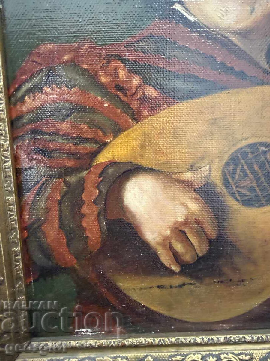 Tablou vechi în ulei - "Nebunul cu lăută". №7778 - 5 Tablou vechi în ulei - "Nebunul cu lăută". №7778 - 5