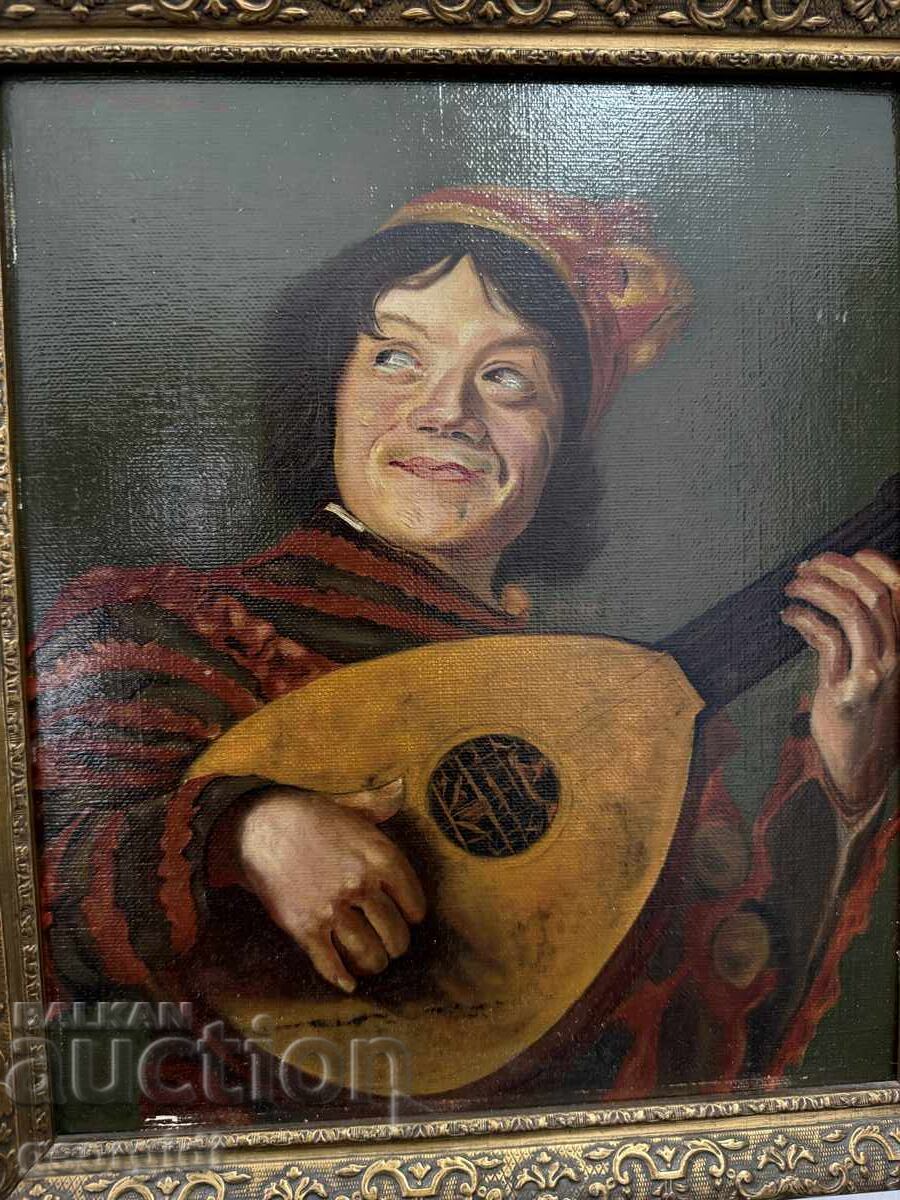 Tablou vechi în ulei - "Nebunul cu lăută". №7778 - 6 Tablou vechi în ulei - "Nebunul cu lăută". №7778 - 6