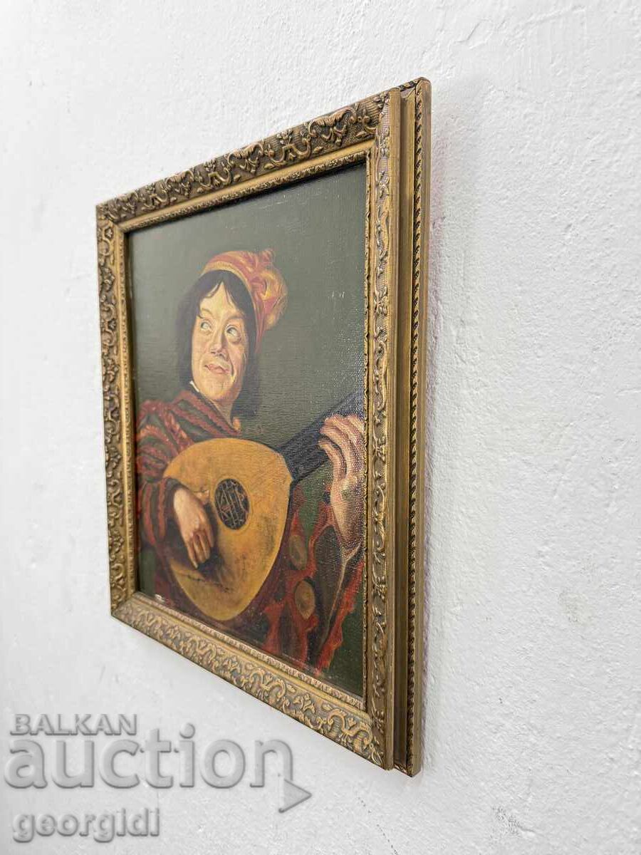 Tablou vechi în ulei - "Nebunul cu lăută". №7778 - 7 Tablou vechi în ulei - "Nebunul cu lăută". №7778 - 7