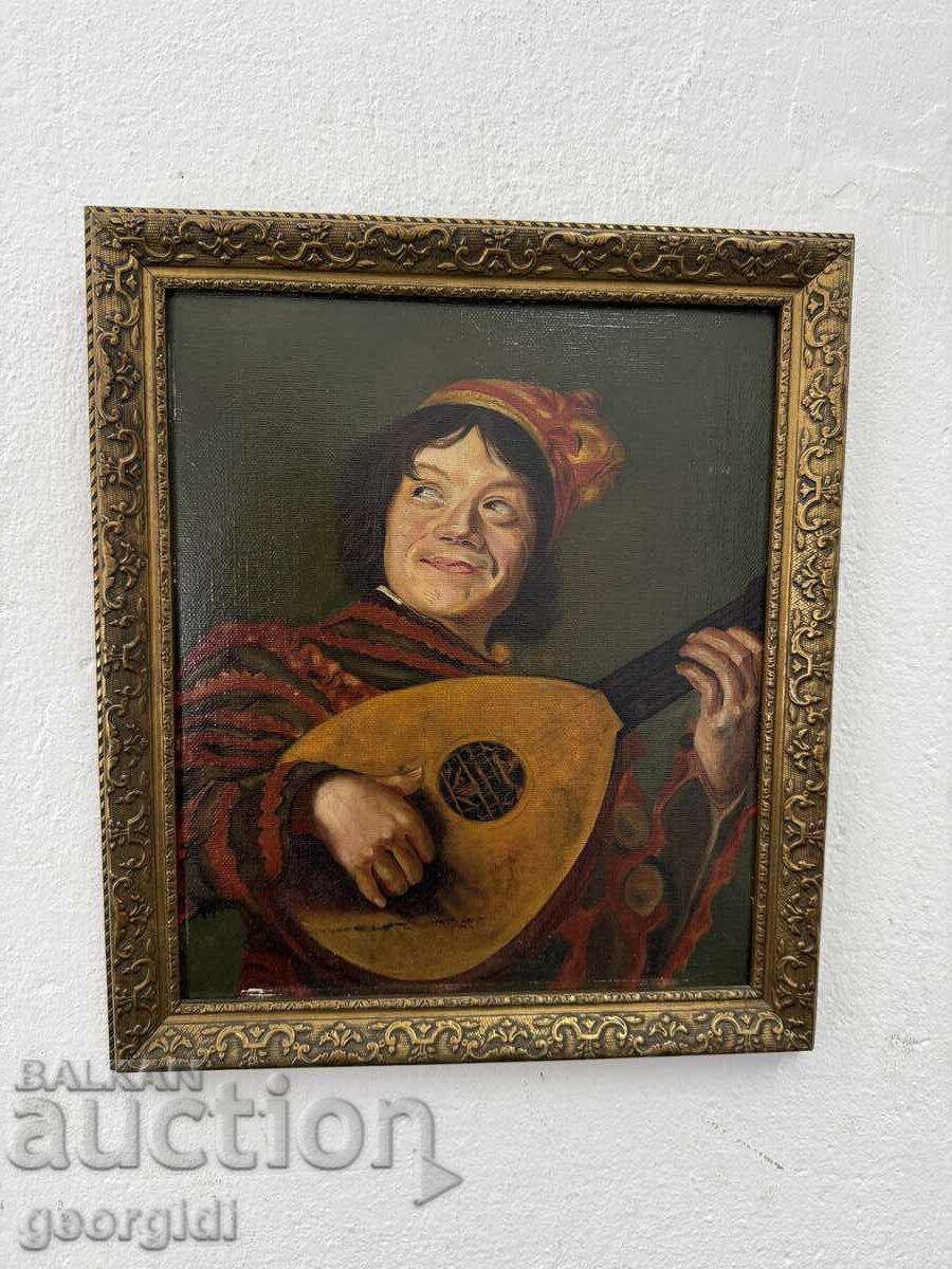 Tablou vechi în ulei - "Nebunul cu lăută". №7778 Tablou vechi în ulei - "Nebunul cu lăută". №7778