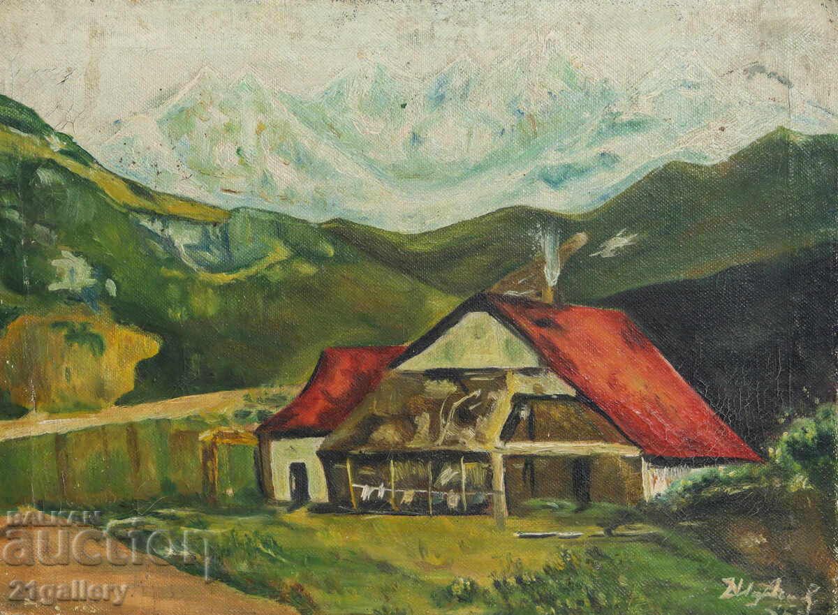 Παράδοση Παλιός ελαιογραφία ορεινού τοπίου 1955