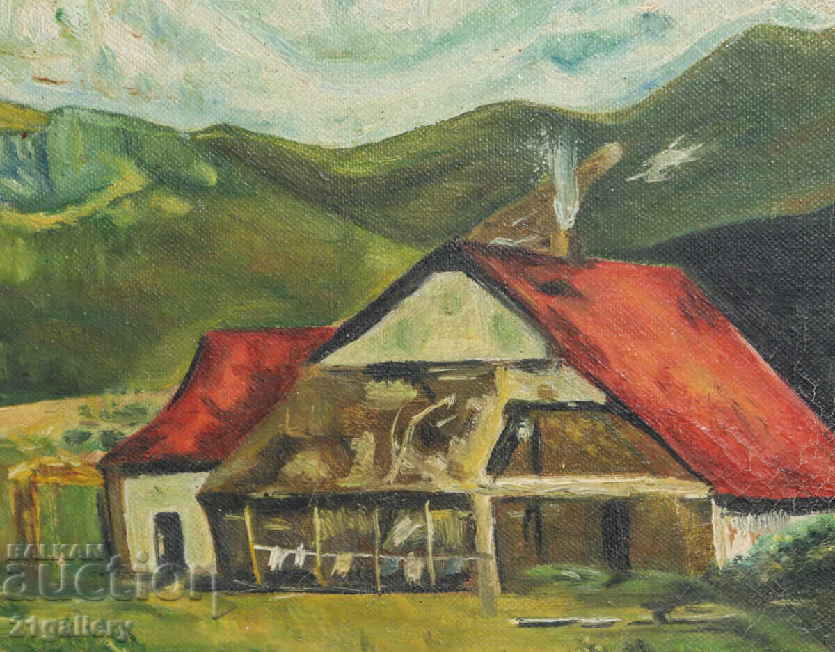 Παλιός ελαιογραφία ορεινού τοπίου 1955 - 6