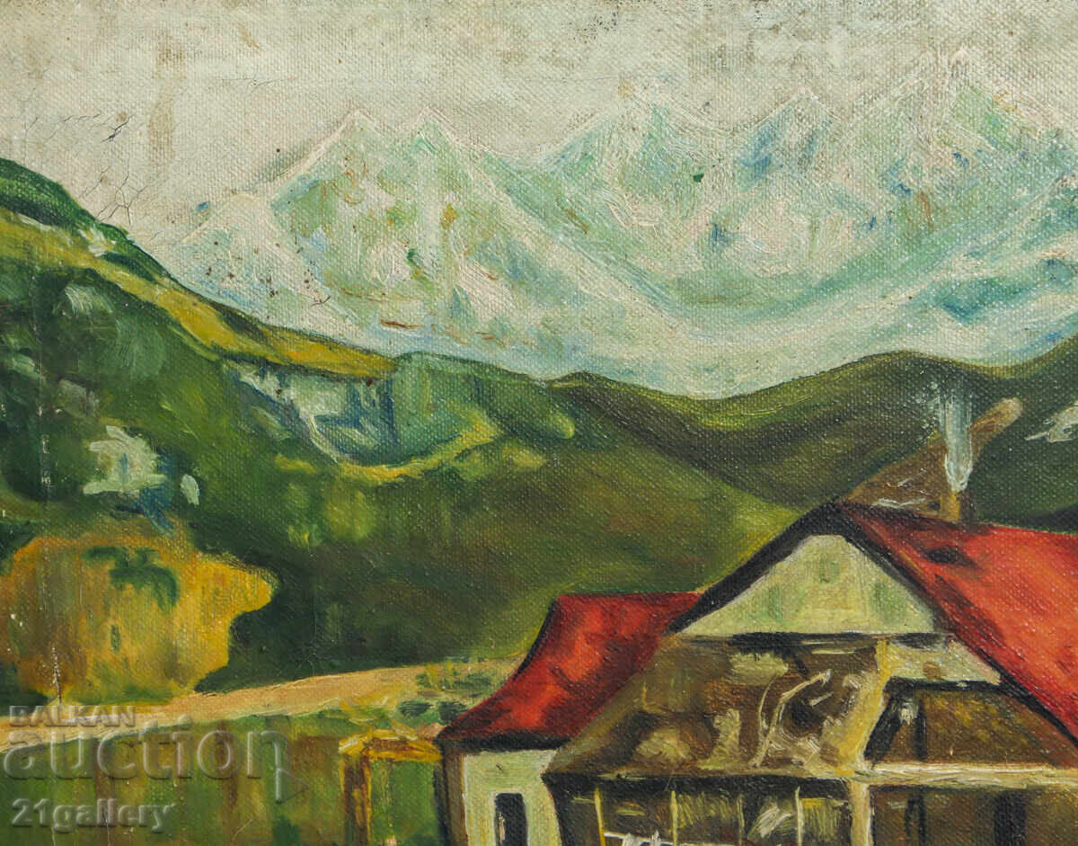 Παλιός ελαιογραφία ορεινού τοπίου 1955 - 7