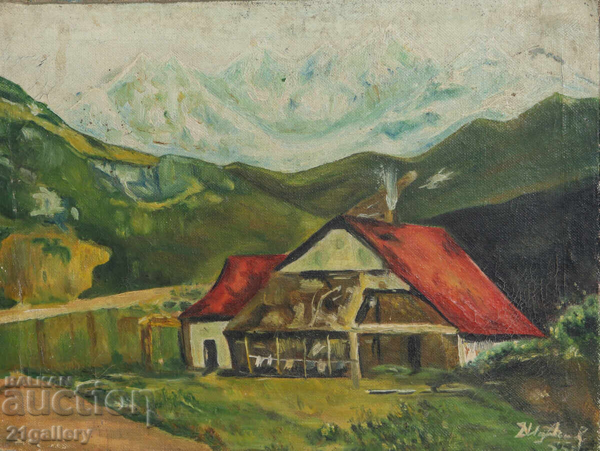 Παλιός ελαιογραφία ορεινού τοπίου 1955