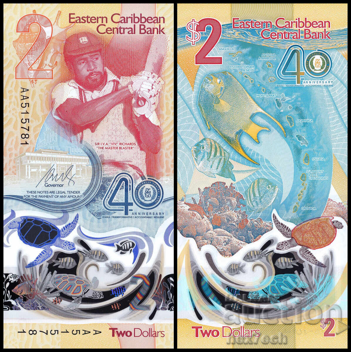 ❤️ ⭐ Caraibe de Est 2023 2 USD Polymer UNC nou ⭐ ❤️ ❤️ ⭐ Caraibe de Est 2023 2 USD Polymer UNC nou ⭐ ❤️