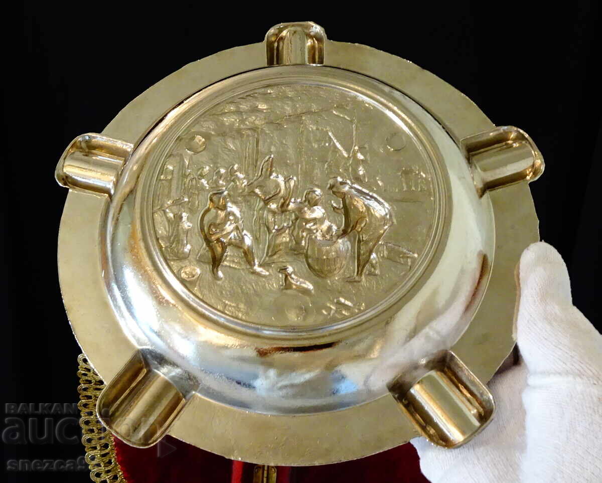 Ασημένιο μπρούτζινο τασάκι πούρων με ανάγλυφη αγροτική εικόνα - 6