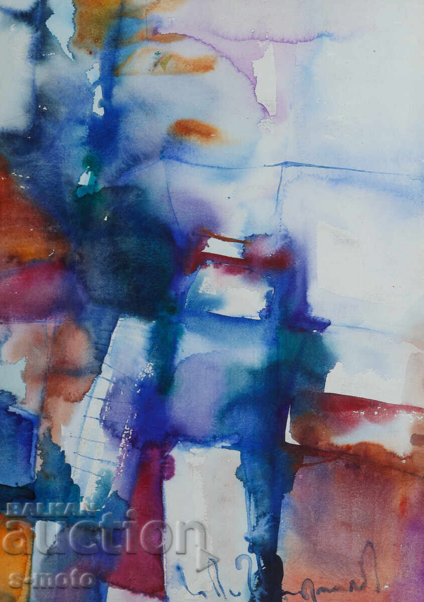 Licitație Vladimir Zaprianov, pictură acuarelă, compoziție abstractă