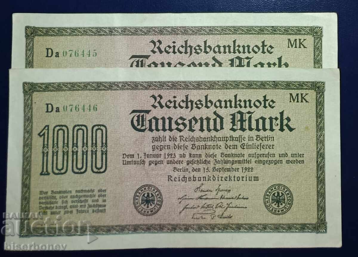 Germania, Germania, 2 x 1000 mărci 1922, XF
