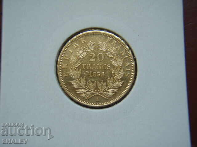 20 Φράγκα 1858 A Γαλλία (20 franka Frantsiya) - AU+ (χρυσός)