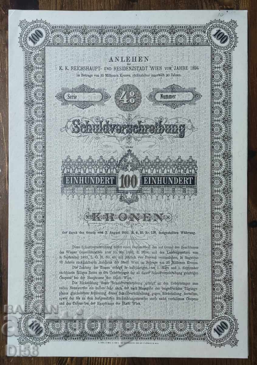 Veche Obligațiune Austria 100 Coroane 1894 Veche Obligațiune Austria 100 Coroane 1894