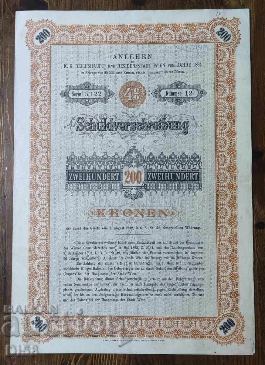 Veche Obligațiune Austria 200 Coroane 1894 Veche Obligațiune Austria 200 Coroane 1894