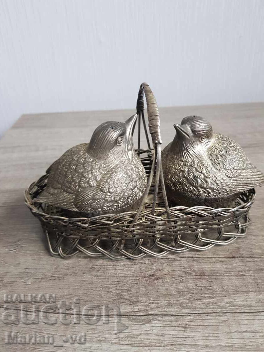 Set of silver-plated salt shakers, chicks in a basket Set of silver-plated salt shakers, chicks in a basket