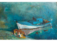 Έργο ζωγραφικής με λάδι, τοπίο με βάρκα