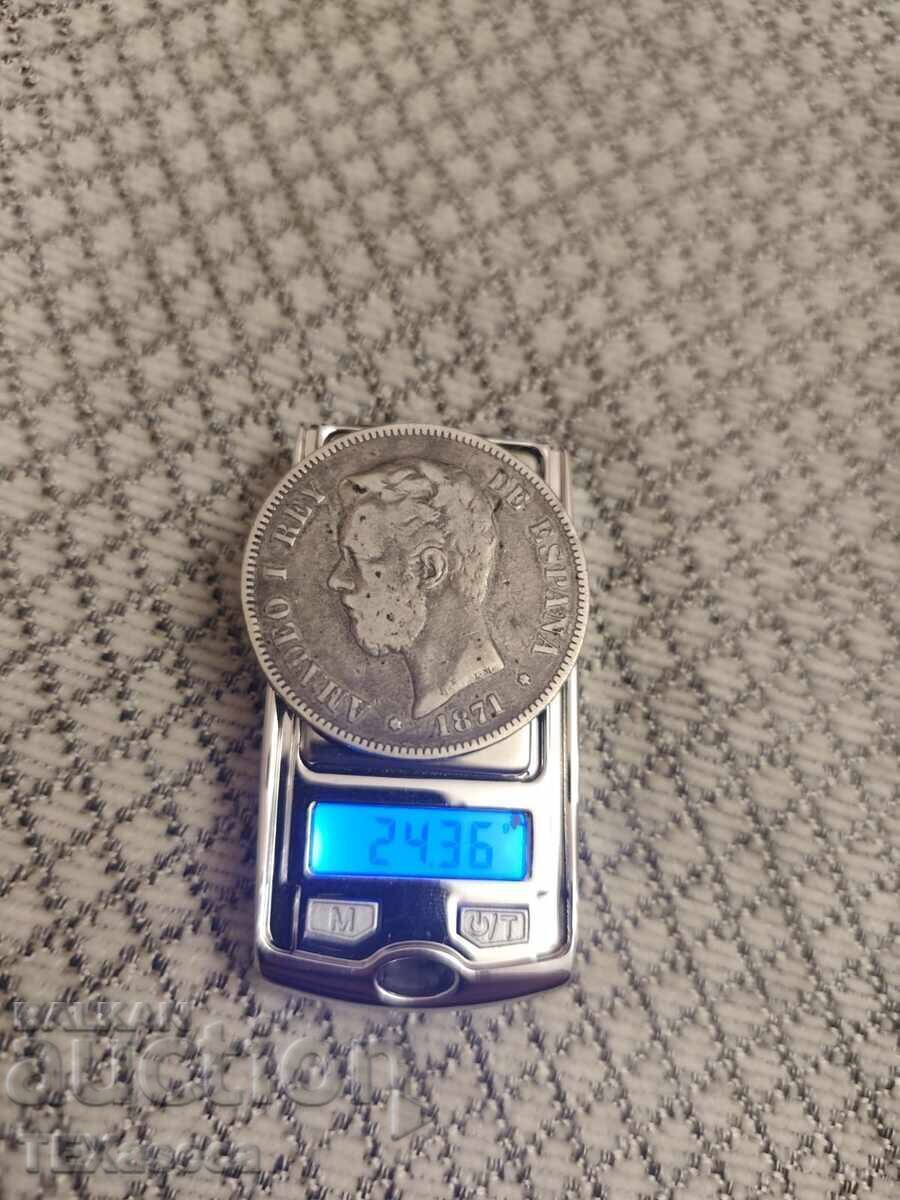 Licitație 5 Pesete 1871 Amedeo I, Spania