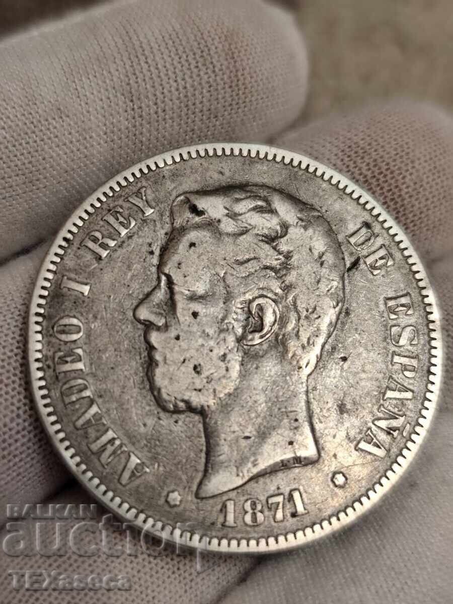 5 Pesete 1871 Amedeo I, Spania