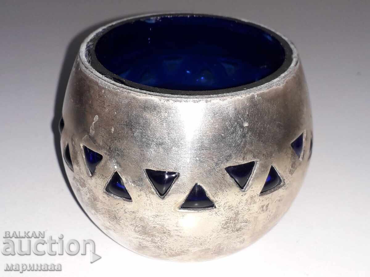 SFEȘNIC. ALAMĂ ARGINTATĂ, STICLĂ ALBASTRĂ