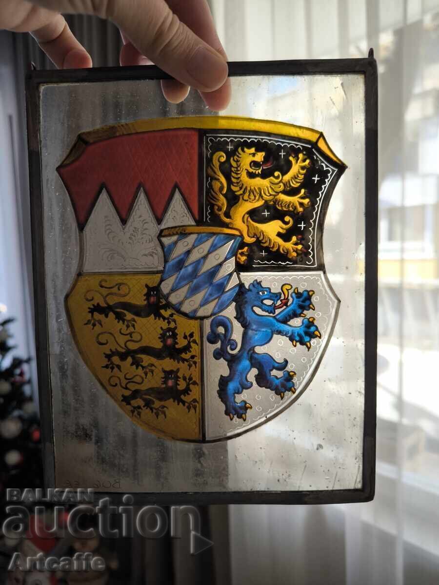 Delivery of Hand-painted stained glass with a heraldic coat of arms - signed BOGNER Delivery of Hand-painted stained glass with a heraldic coat of arms - signed BOGNER