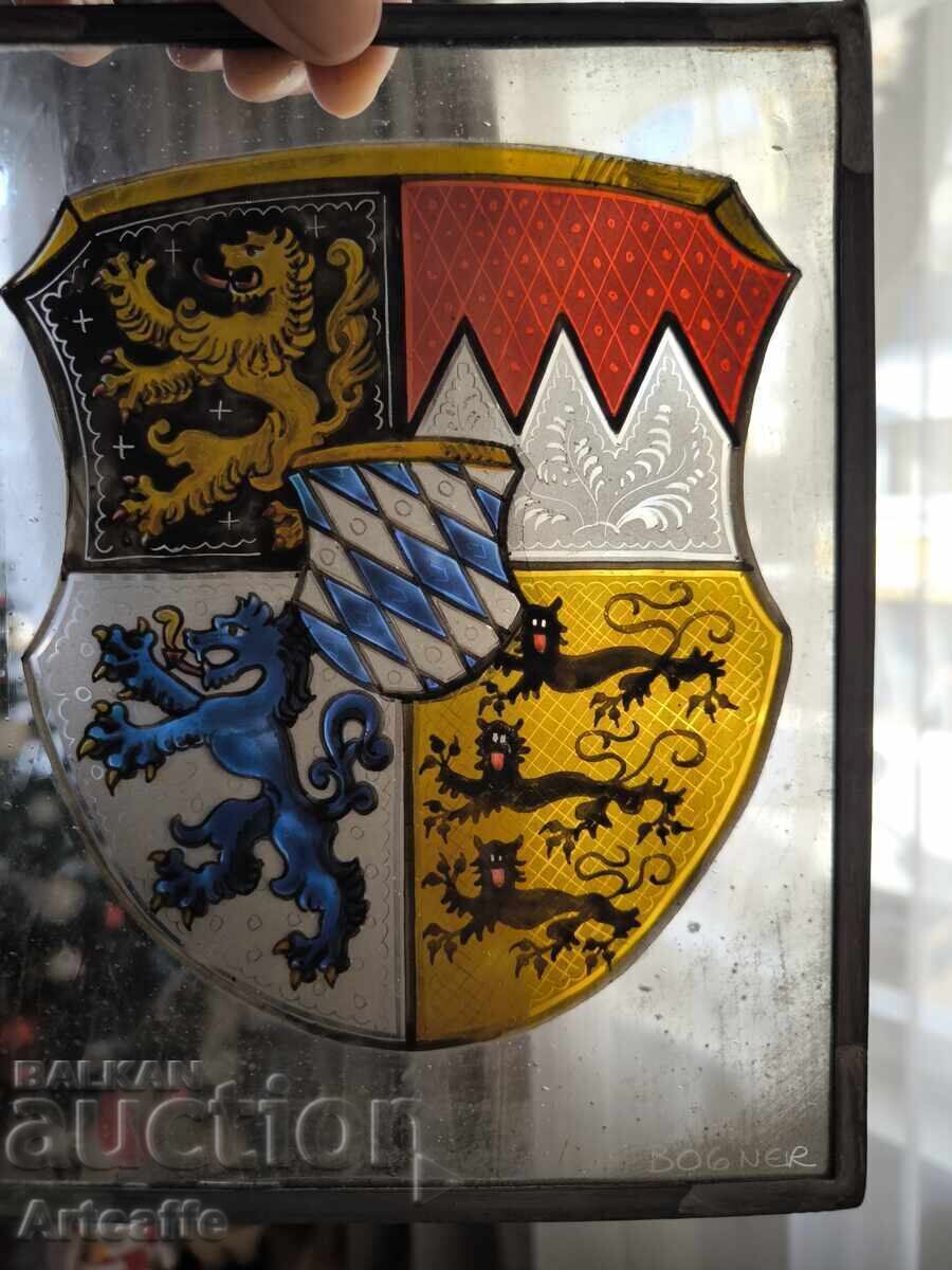 Hand-painted stained glass with a heraldic coat of arms - signed BOGNER Hand-painted stained glass with a heraldic coat of arms - signed BOGNER