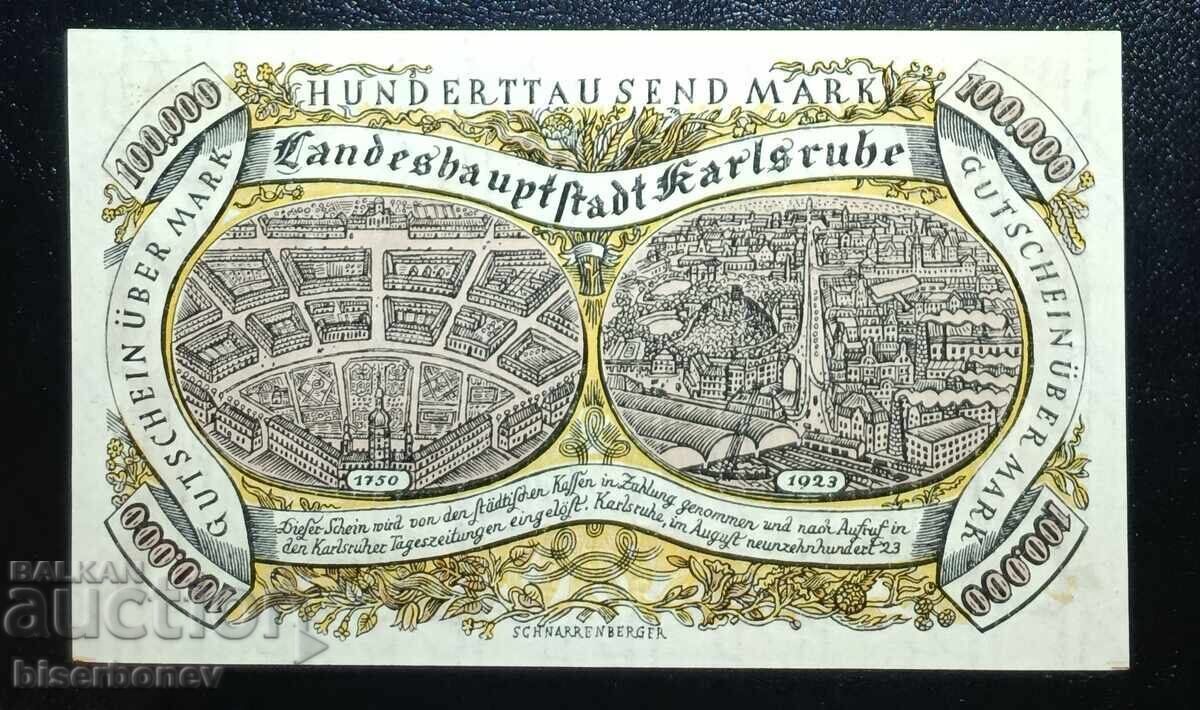 Germany, Germany, 100,000 Mark Karlsruhe, 1923, UNC with price € 8.30 | 16.23 BGN