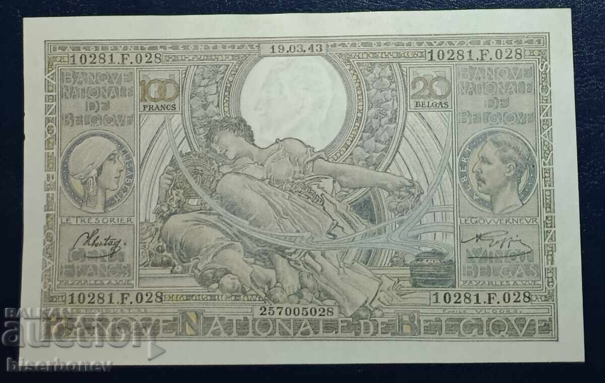 Belgium, Белгия, 20 белгас/100 франка 1943 г, UNC