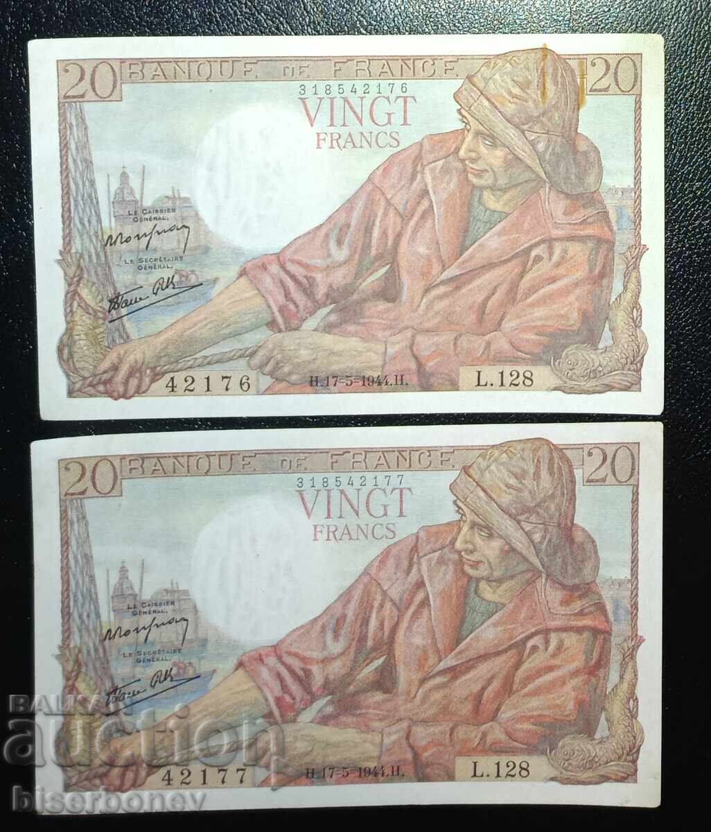 France, France, 2 x 20 Francs 1944, aUNC with price € 46.00 | 89.97 BGN