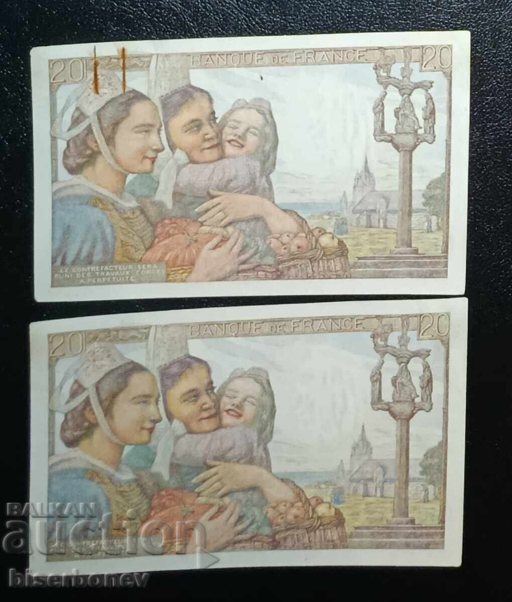 Auction  France, France, 2 x 20 Francs 1944, aUNC