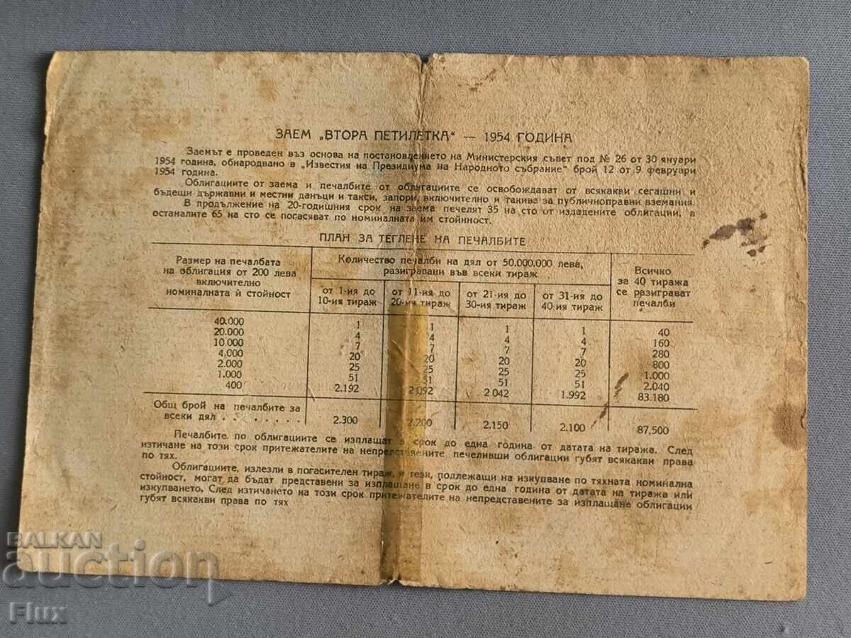 Облигация - Народна Република България | 40 лв. | 1954г. с цена € 2.35 | 4.60 лв.