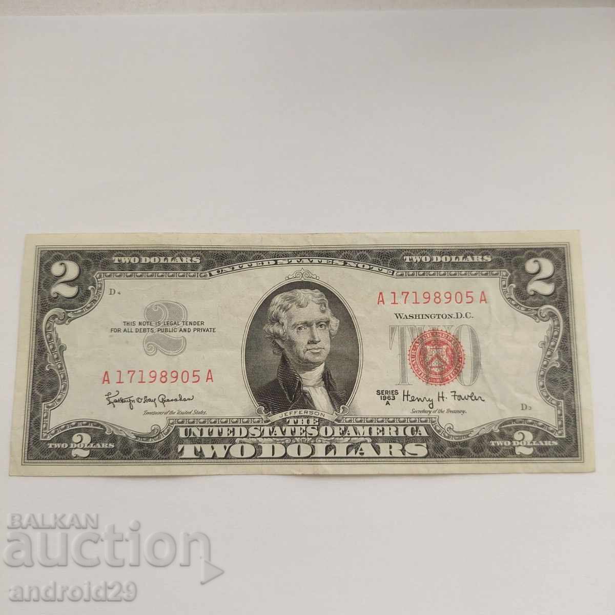 2 Долара 1963А САЩ, Червен печат / Банкнота 2 Долара 1963А САЩ, Червен печат / Банкнота