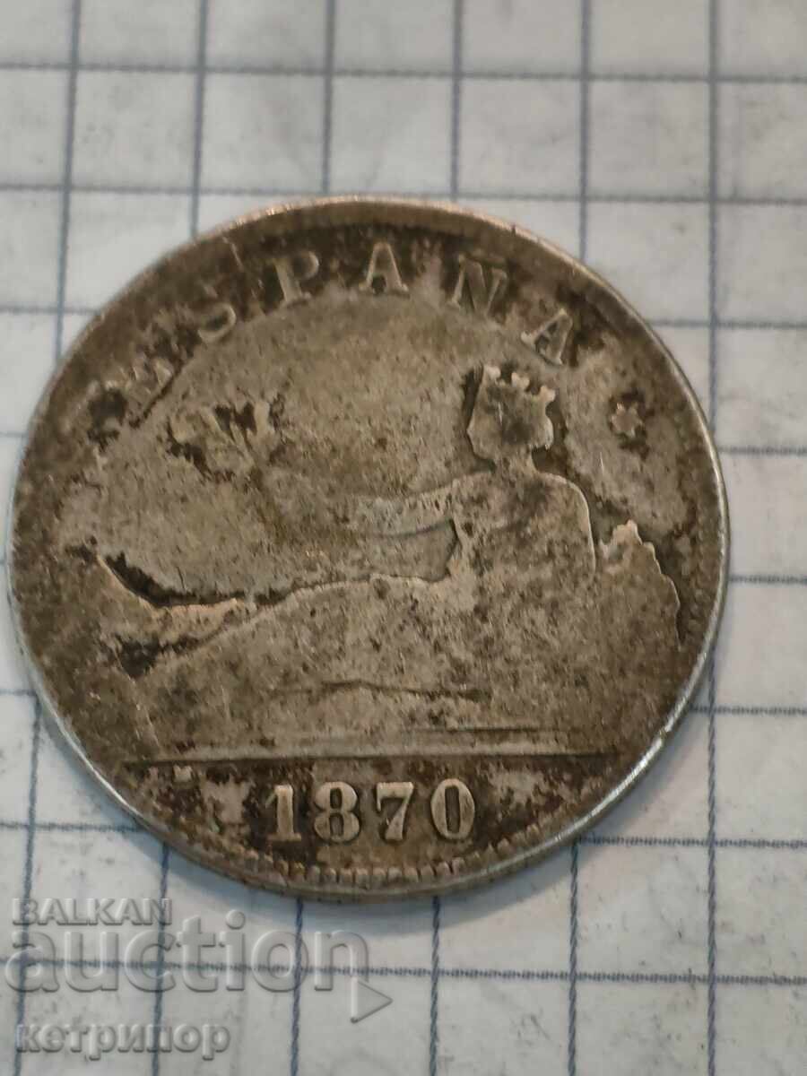 2 Pesetas 1870 Spain Silver 2 Pesetas 1870 Spain Silver