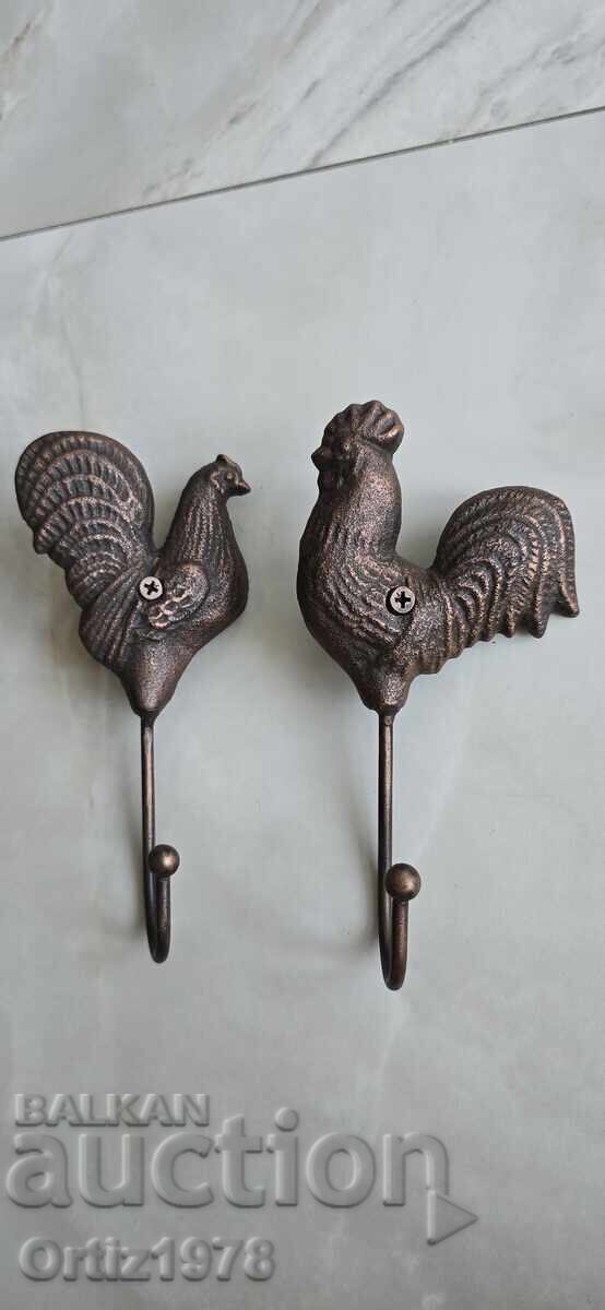 Set of Cast Iron Massive Coat Hooks - Rooster and Hen