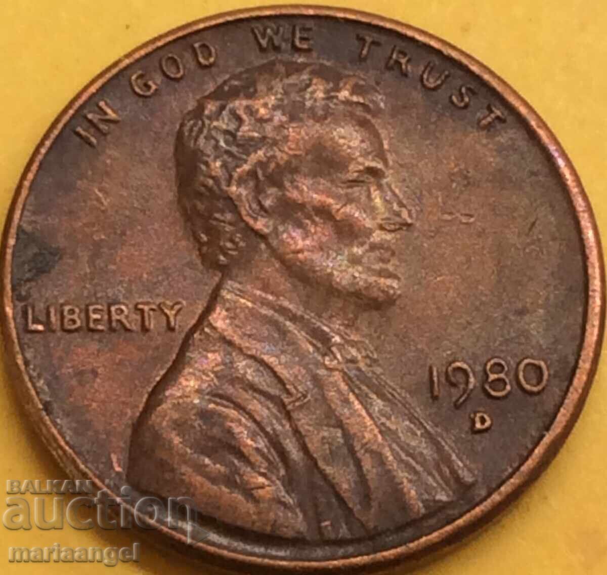 1  цент 1980 САЩ Линколн с цена € 1.00 | 1.96 лв.