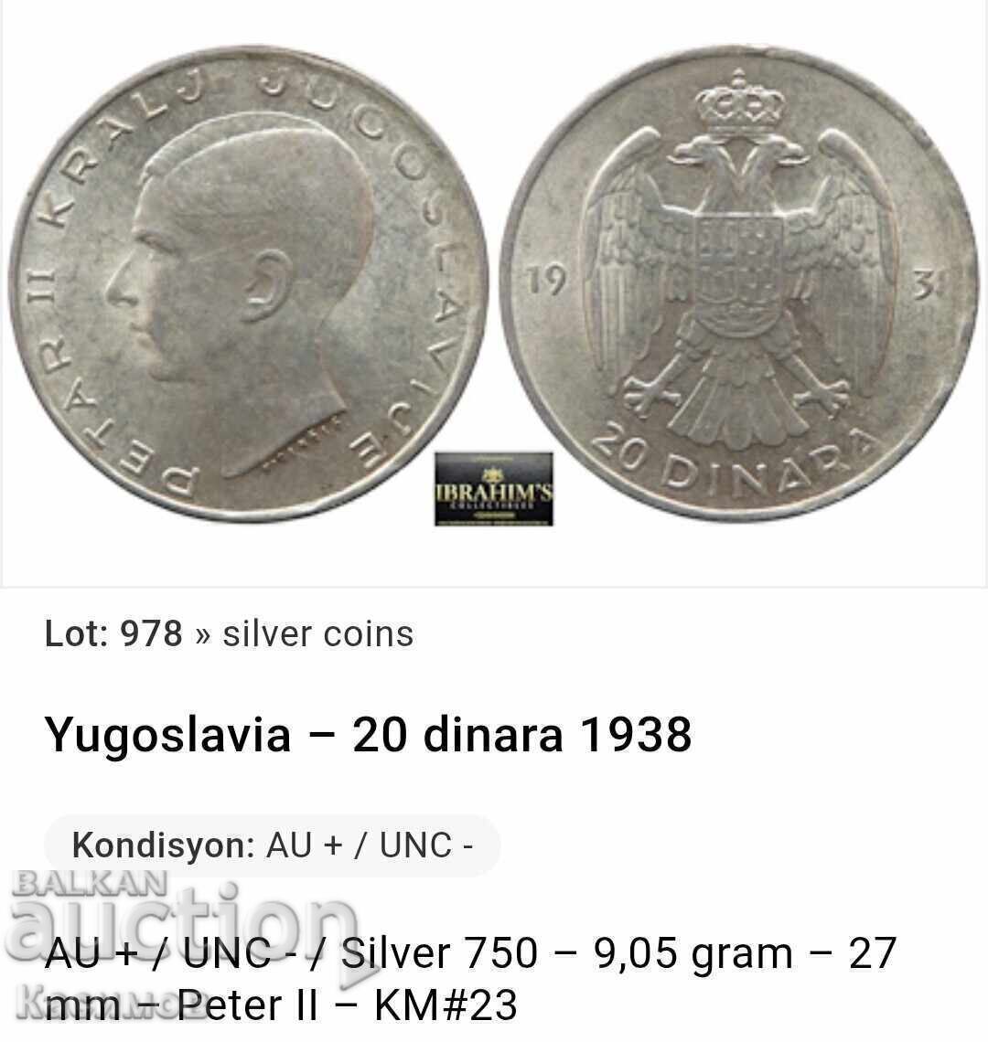 Silver coin from Yugoslavia 20 Dinara 1938 - 5 Silver coin from Yugoslavia 20 Dinara 1938 - 5