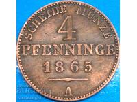 4 Pfennig 1865 Prusia Germania Mare cupru - rar
