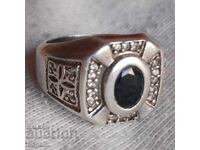 Уникален пръстен с голям сапфир. Сребро.