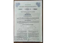 Obligațiune Banca de Credit Ipotecar Budapesta 1000 Coroane 1920