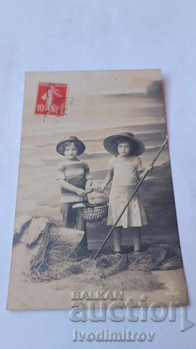 Postcard Two little girls holding a basket Postcard Two little girls holding a basket